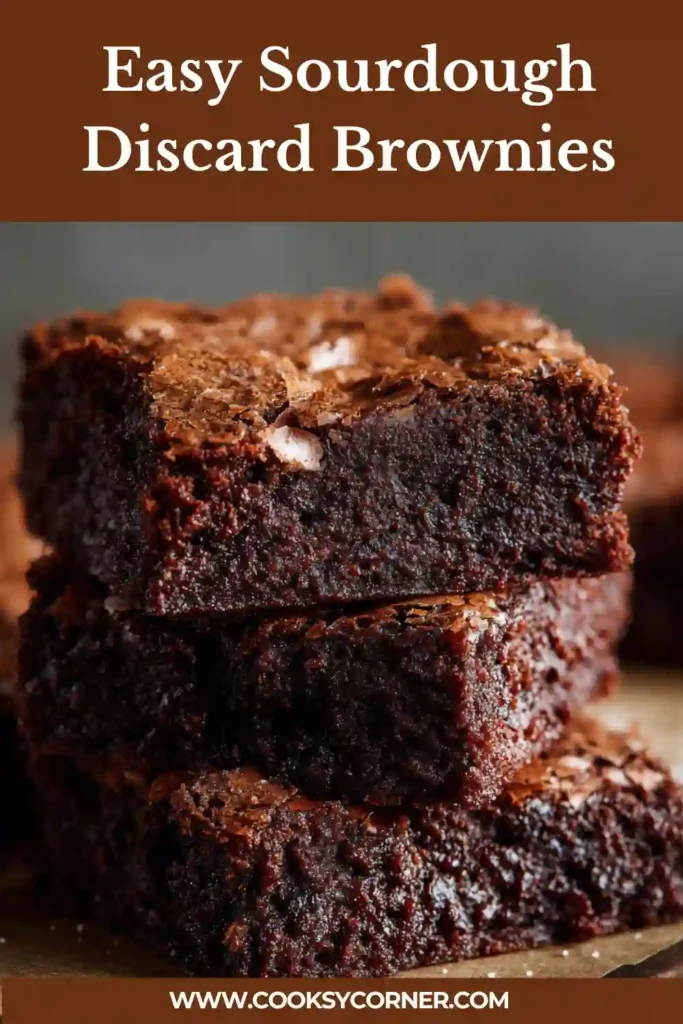 Homemade sourdough brownies stacked on a plate with deep chocolate color.