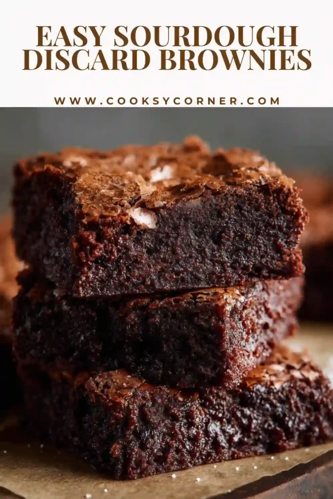 Close-up of rich chocolate brownies made with sourdough discard showing moist interior.
