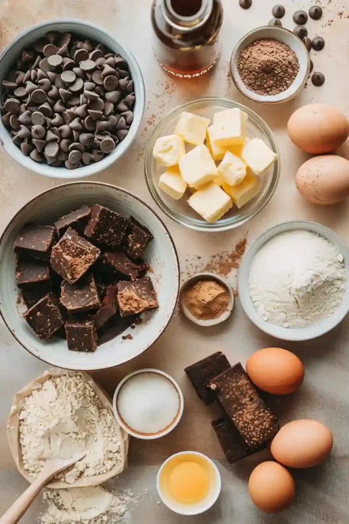 Fudgy brownies with shiny tops and dense chocolate crumb on parchment paper.