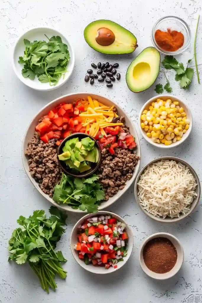 Meal prep easy taco bowls with rice, beef, and fresh toppings neatly organized in containers.