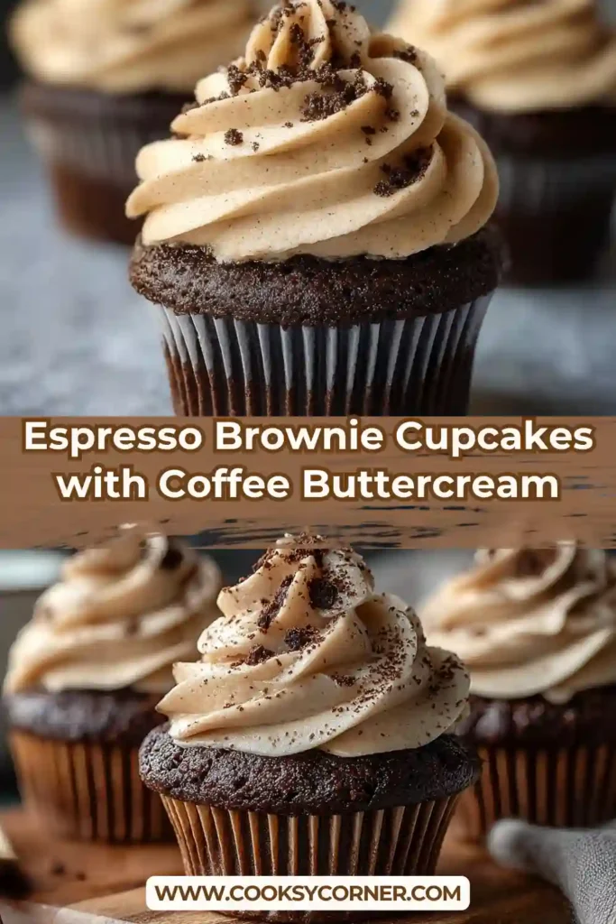 Homemade espresso brownie cupcakes arranged on a tray with smooth buttercream swirls.