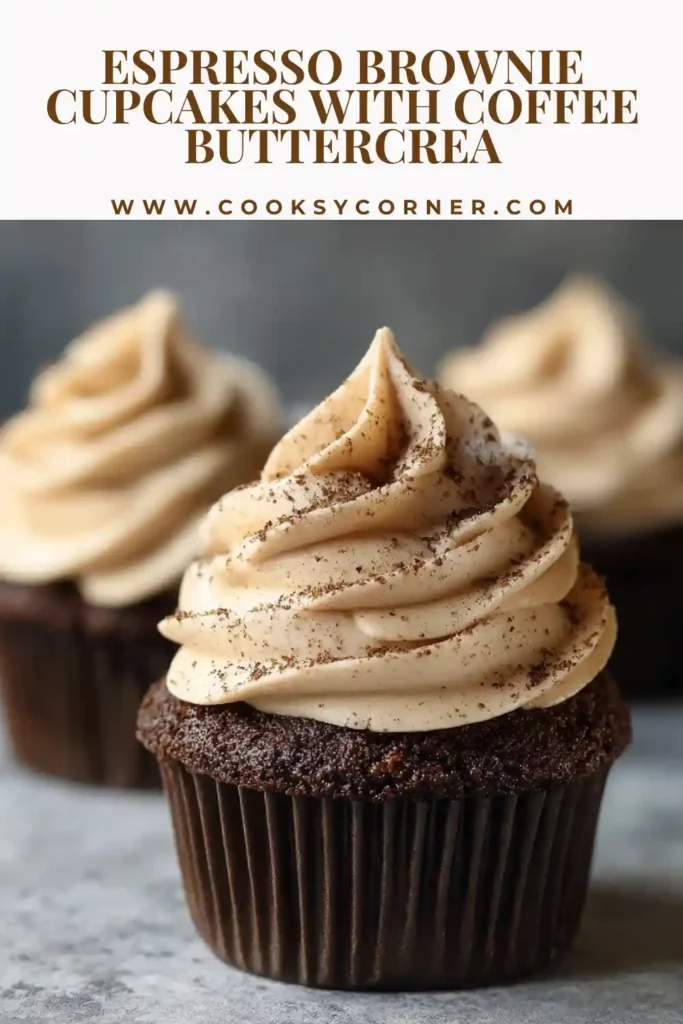 Espresso brownie cupcakes topped with coffee buttercream and chocolate sprinkles, rich and fudgy texture visible.