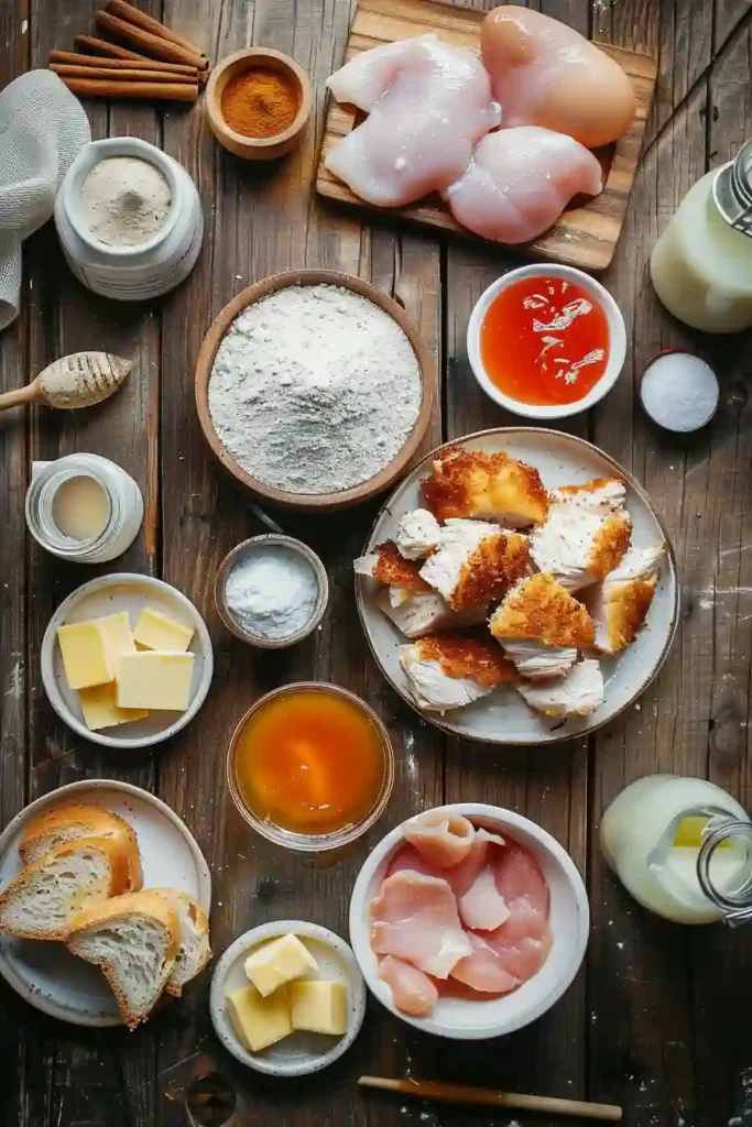 Brioche French toast sandwich filled with golden fried chicken and sauce.