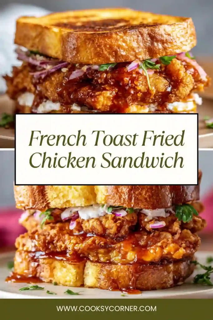 Close-up of fried chicken sandwich between French toast slices with syrupy glaze.