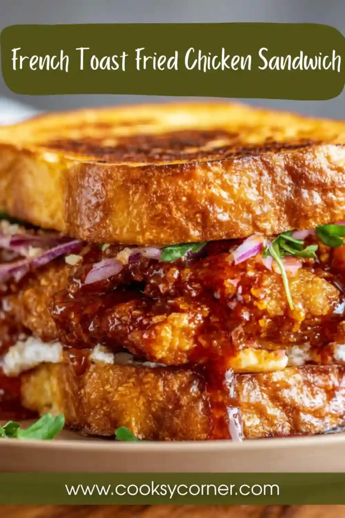 French toast fried chicken sandwich with crispy chicken and golden brioche topped with sweet sauce.
