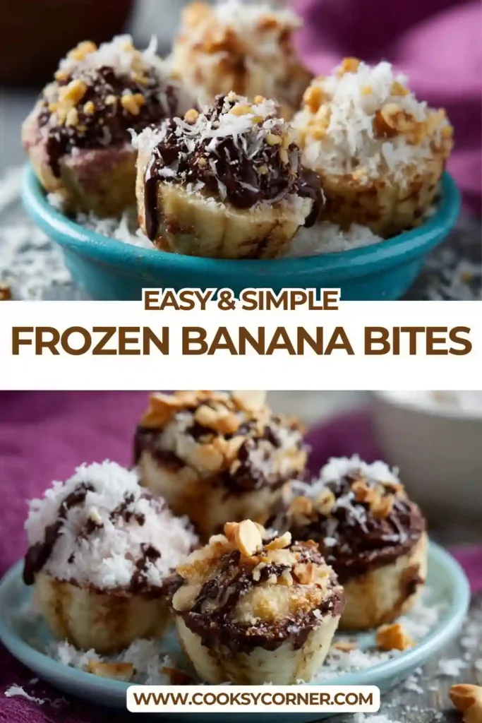 Healthy frozen banana yogurt bites with coconut, chia seeds, and granola toppings.