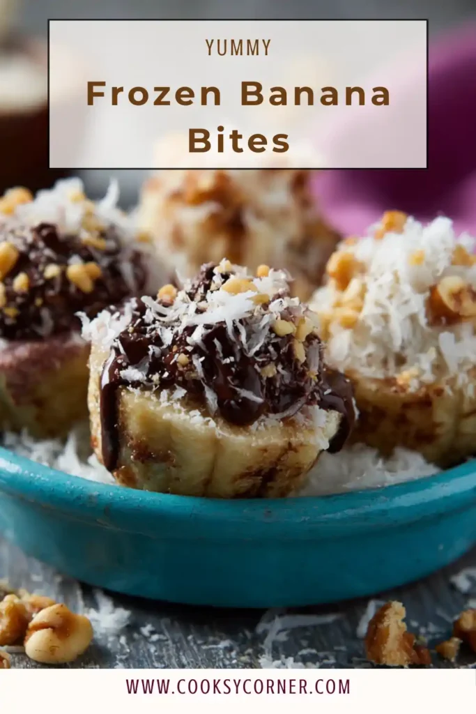 Frozen banana bites coated in yogurt with crunchy toppings on a tray.