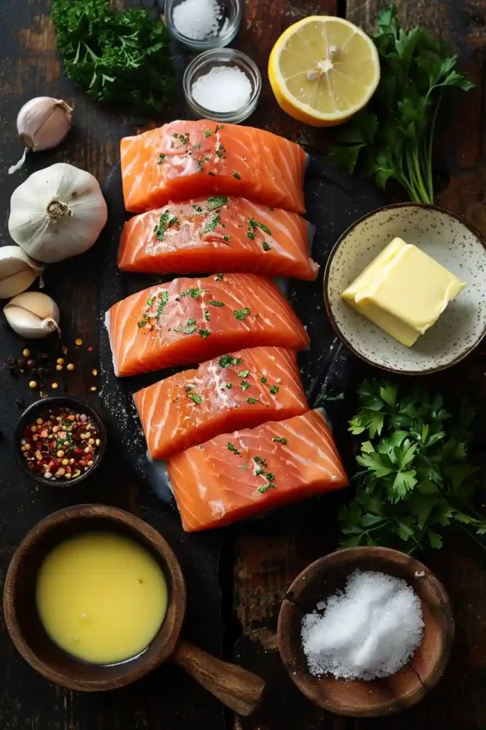 Homemade garlic butter salmon served with fresh lemon.