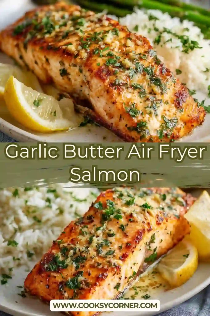 Crispy air fryer salmon glazed with garlic butter and herbs.