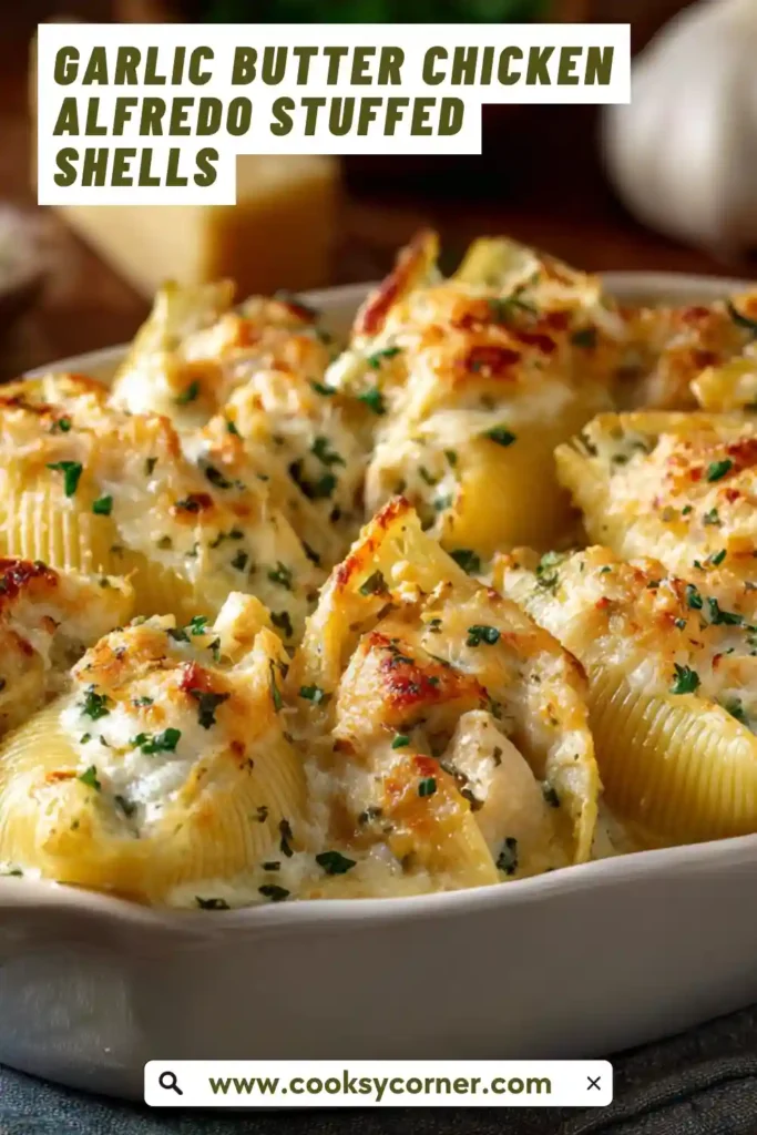 Close-up of cheesy chicken stuffed shells covered in Alfredo sauce and fresh parsley garnish. Creamy texture is clearly visible.