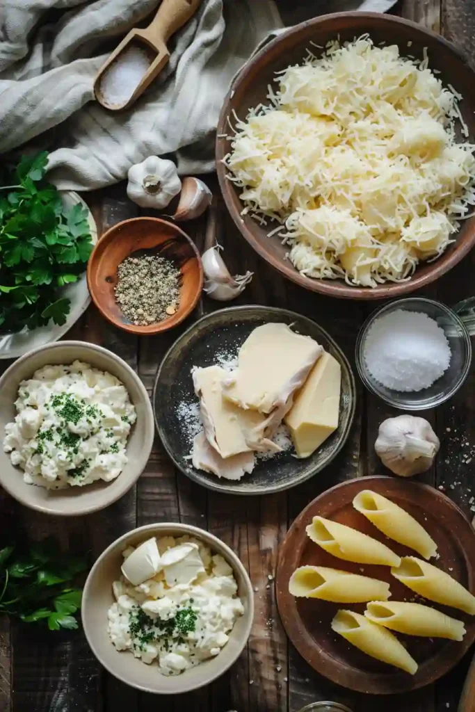 Garlic butter chicken alfredo stuffed shells baked with melted mozzarella and creamy sauce in a casserole dish. The pasta looks golden and rich.
