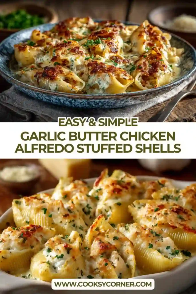 Oven-baked garlic butter chicken alfredo stuffed shells with bubbling cheese and golden edges. Perfect comfort food presentation.