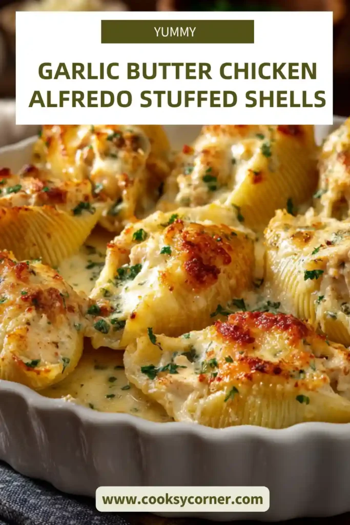 Serving of creamy chicken Alfredo stuffed pasta shells on a plate with rich sauce and herbs. Warm and inviting meal.