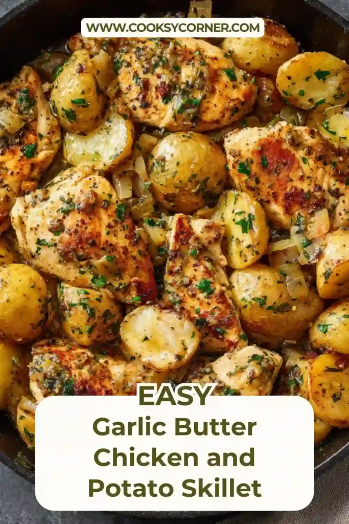 One pan garlic butter chicken and potato skillet with crispy potatoes and flavorful garlic chicken garnished with chopped parsley. A simple weeknight dinner recipe.