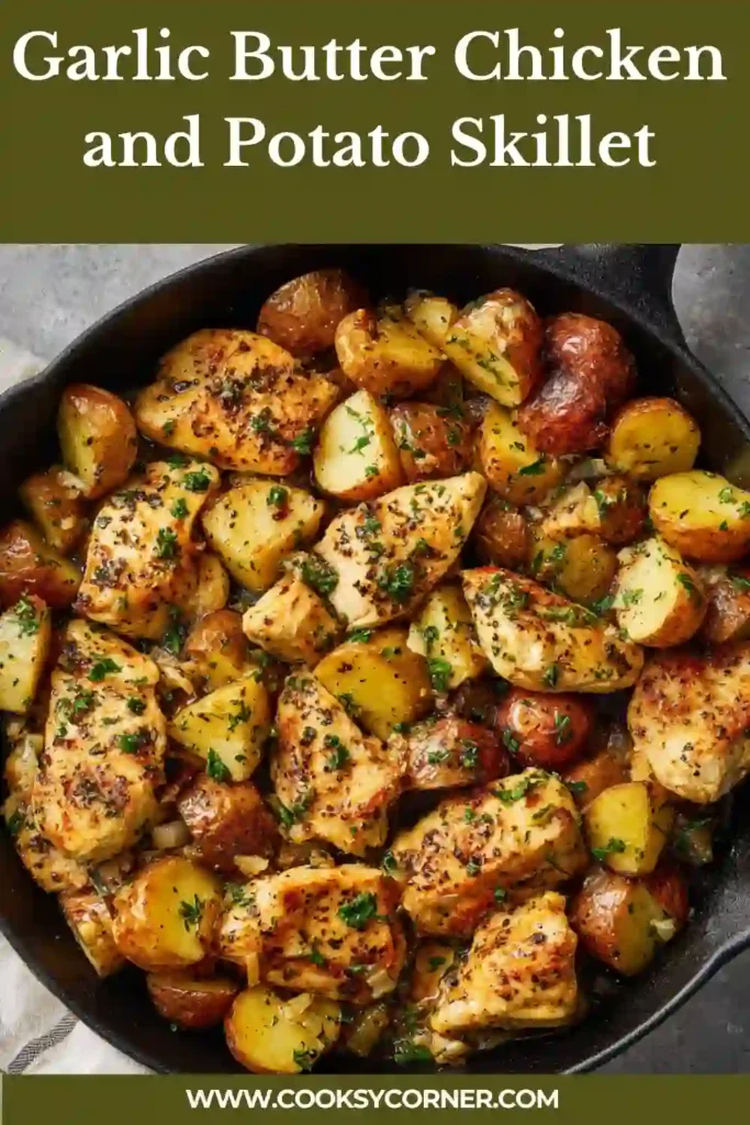 One pan garlic butter chicken and potatoes cooked to perfection with herbs and seasoning, ideal for a quick dinner meal.
