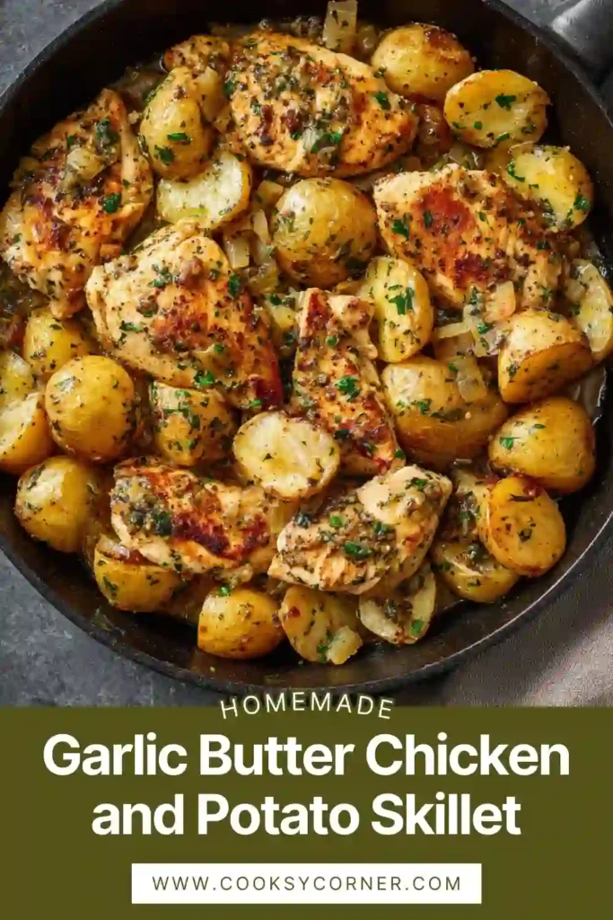 Close-up of garlic butter chicken and potatoes cooked in a skillet with tender chicken chunks, roasted baby potatoes, and fresh herbs. A comforting homemade skillet dinner.