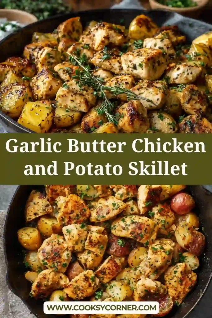 Close-up of garlic butter chicken and potato skillet showing tender chicken bites and perfectly cooked potatoes coated in buttery garlic sauce.