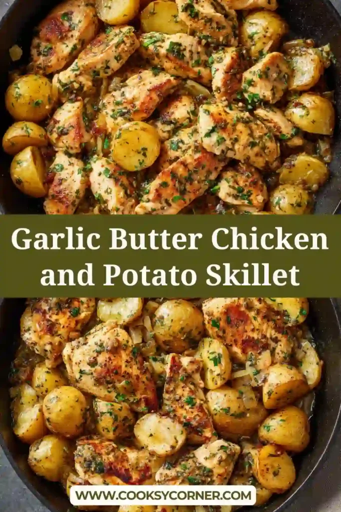Garlic Butter Chicken and Potato Skillet served in a cast iron pan with golden baby potatoes and juicy chicken pieces coated in garlic butter sauce. Fresh parsley adds color and freshness to this hearty one-pan meal.