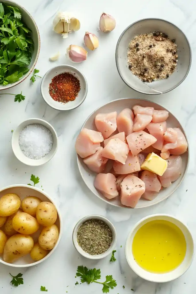 Homemade garlic butter chicken and potato skillet featuring juicy chicken breast pieces and fork-tender potatoes cooked together in a savory garlic butter sauce.