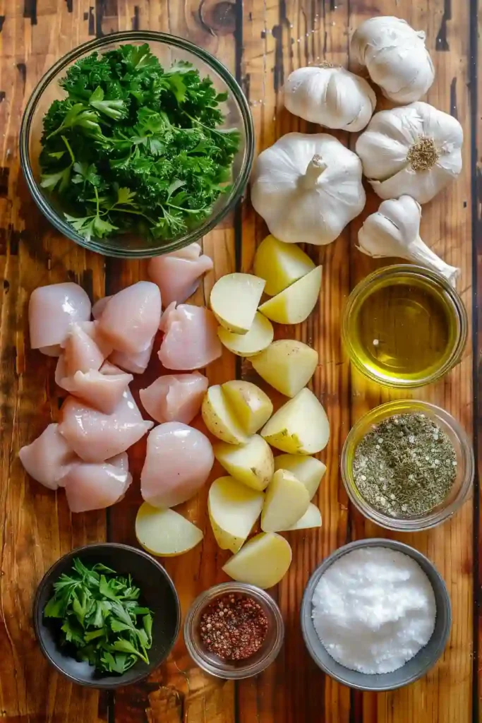 Freshly cooked chicken potato skillet with garlic butter sauce, featuring browned potatoes and seasoned chicken in a skillet.