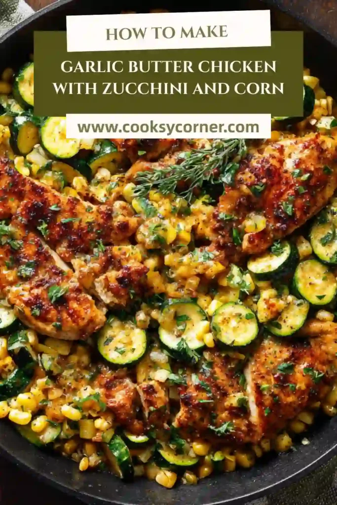 Skillet chicken with garlic butter sauce, zucchini, and corn for a quick dinner.