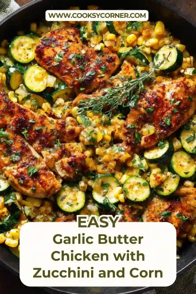 One-pan garlic butter chicken with zucchini slices and sweet corn kernels.
