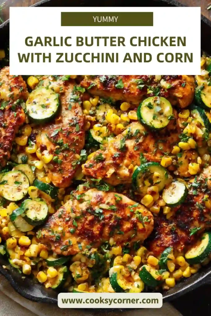 Garlic butter chicken with zucchini and corn cooked in a skillet and garnished with fresh cilantro.