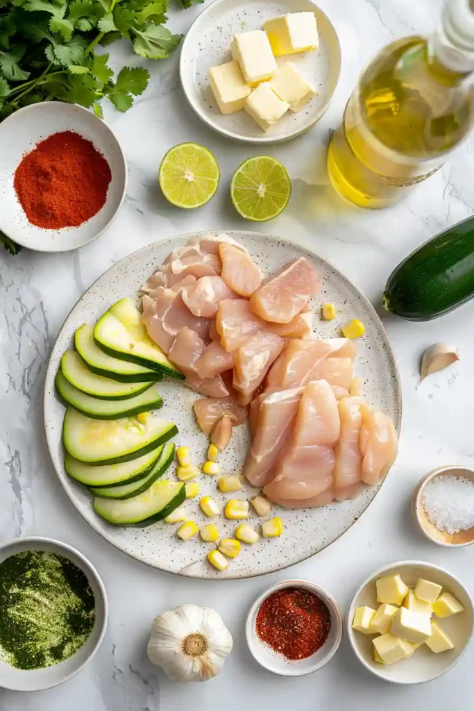Close-up of garlic butter chicken with vegetables in a cast iron pan.