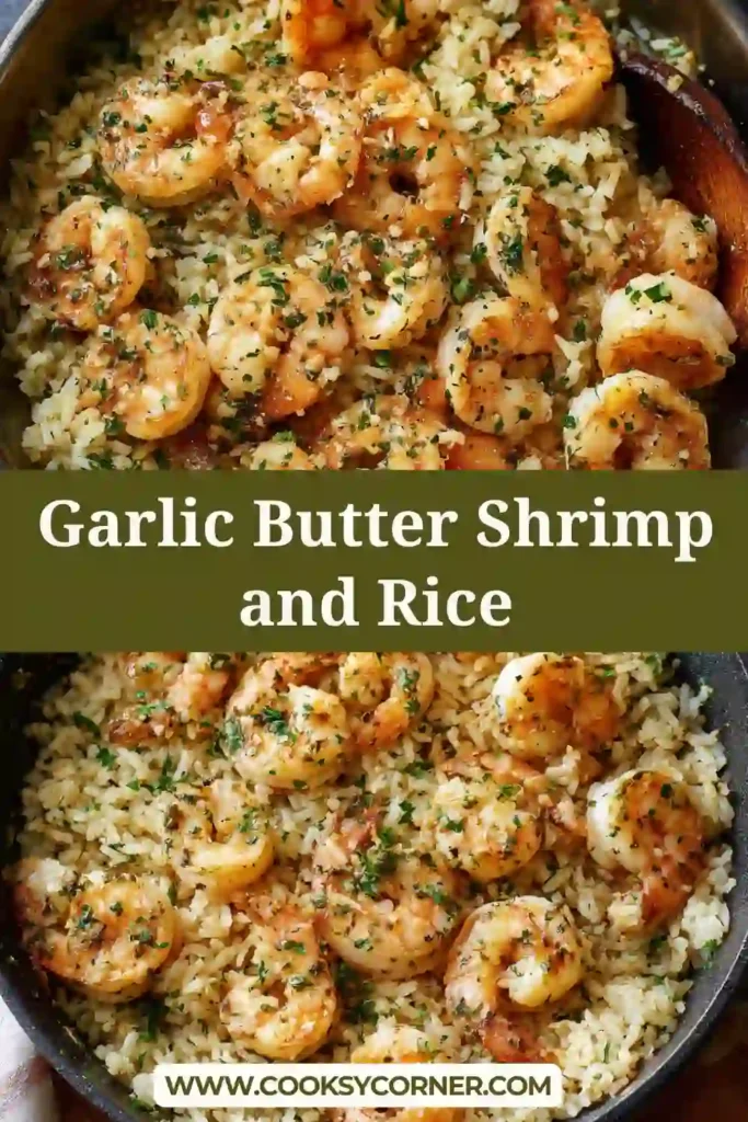 Garlic butter shrimp and rice served in a skillet with parsley and parmesan garnish.