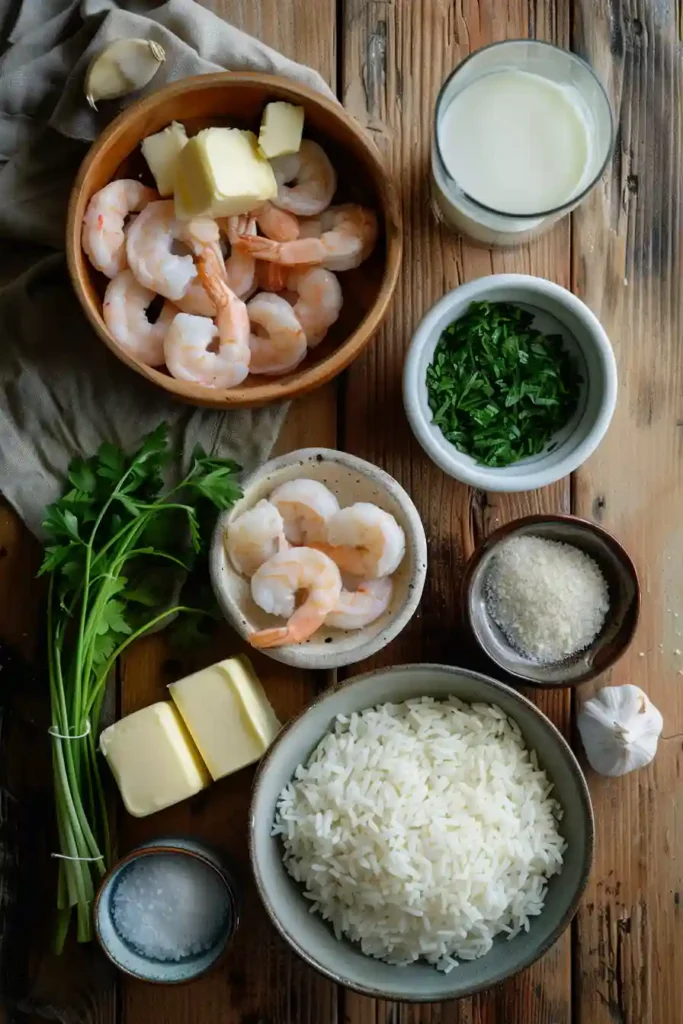 Easy garlic butter shrimp rice skillet dinner with parmesan cheese.