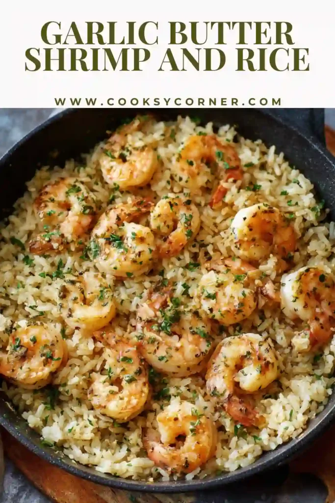 Homemade shrimp and rice with creamy garlic butter sauce and herbs.