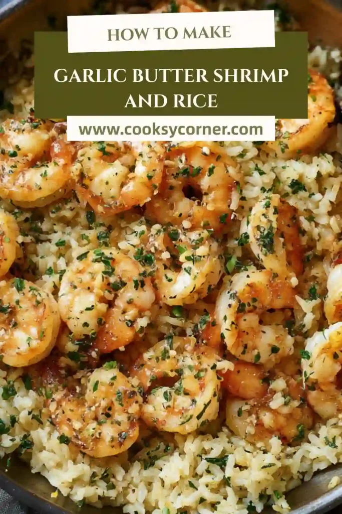 Juicy shrimp cooked in garlic butter mixed with fluffy rice in a skillet.