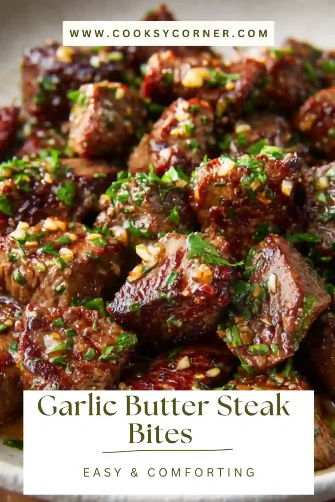 Homemade steak bites cooked in a skillet with garlic and butter sauce.