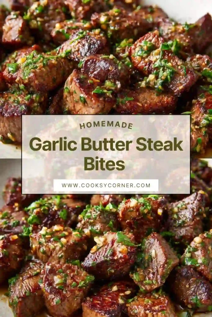 Close-up of juicy steak bites coated in garlic butter with visible herbs and rich texture.
