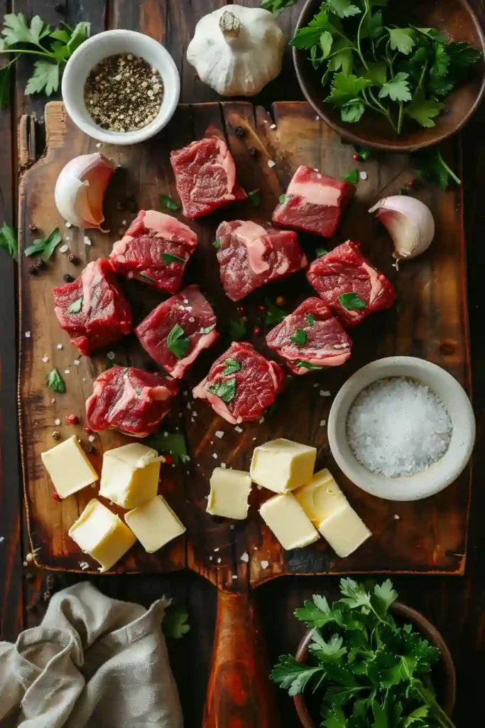 Tender steak cubes seared and coated in garlic butter, served hot.