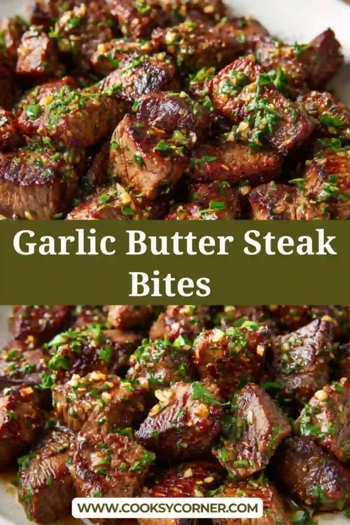 Garlic butter steak bites in a skillet with fresh parsley garnish and golden seared edges.