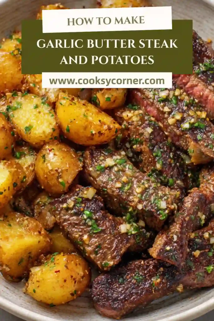Tender steak cubes tossed in garlic herb butter with perfectly browned potatoes. This garlic butter steak and potatoes dish is rich and flavorful.