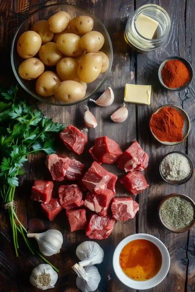 Homemade garlic butter steak and potatoes served in a skillet with fresh parsley and red pepper flakes. A classic easy steak dinner.