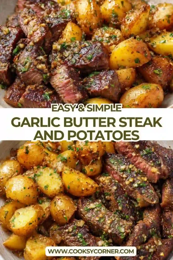 Garlic butter steak bites cooked in a skillet with crispy golden potatoes and fresh parsley garnish. A hearty one-pan garlic butter steak and potatoes dinner.
