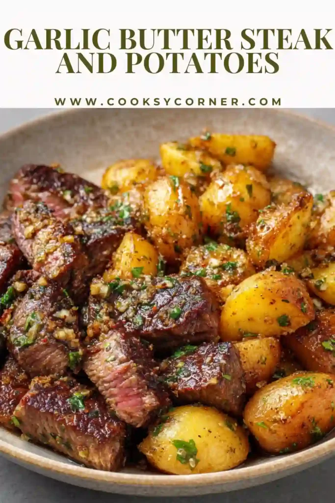 Close-up of juicy garlic butter steak bites mixed with crispy Yukon gold potatoes in a cast iron skillet. A comforting steak and potatoes skillet recipe.