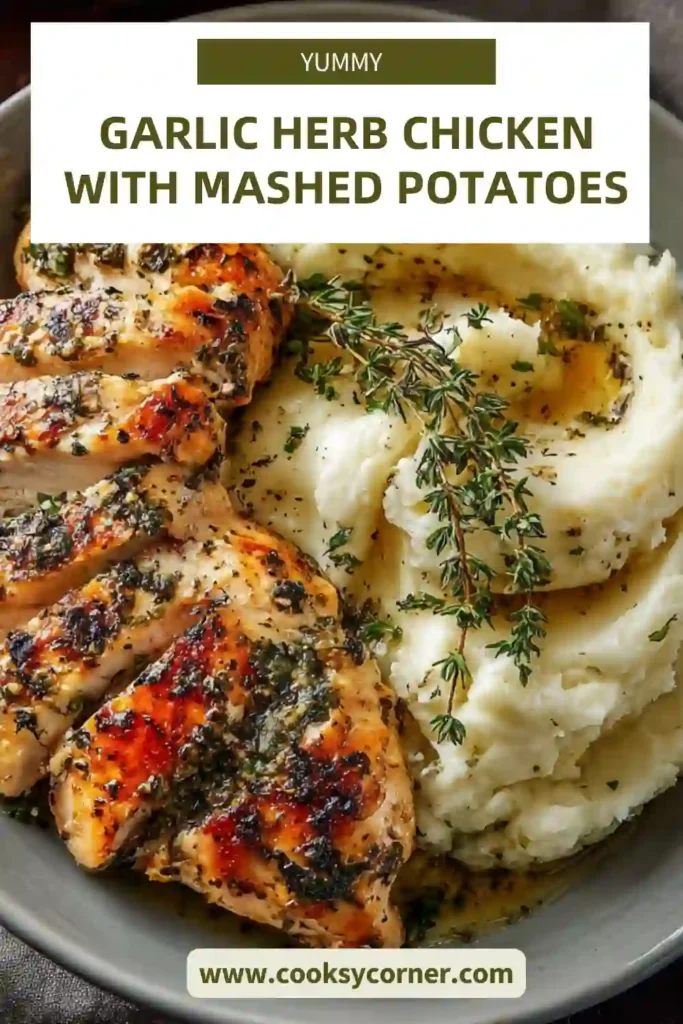 Homemade chicken dinner with garlic herbs, potatoes, and carrots.