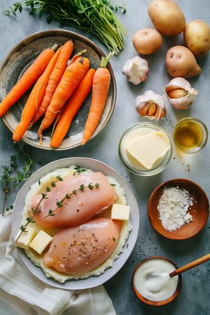 Comfort meal with roasted chicken, mashed potatoes, and glazed vegetables.