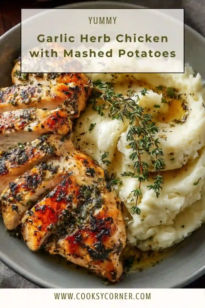 Garlic Herb Chicken with mashed potatoes and glazed carrots on a plate.