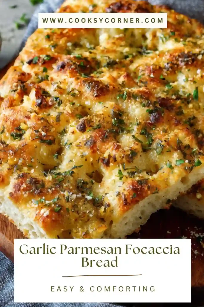 Close-up of homemade garlic focaccia showing airy crumb and melted parmesan topping. Rustic and delicious bread.