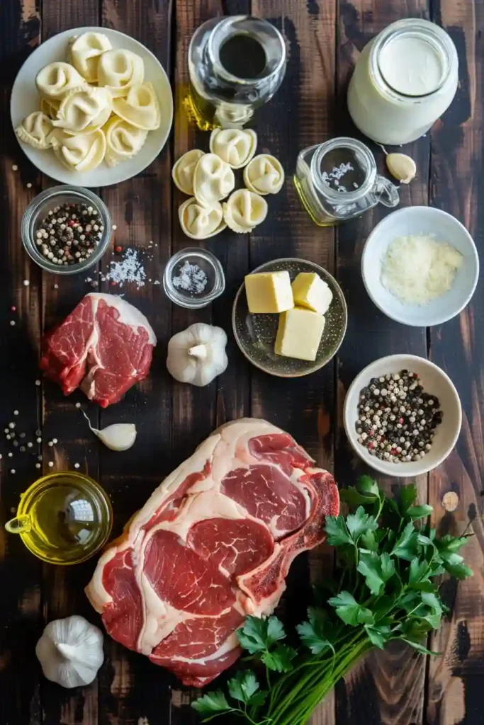 A bowl of garlic steak tortellini covered in creamy parmesan sauce with herbs on top. The steak pieces look tender and juicy.