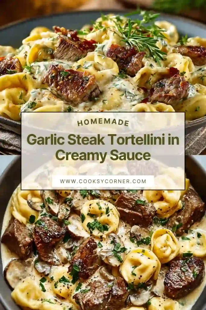 Close-up of cheesy tortellini pasta mixed with sliced steak in a rich garlic cream sauce.