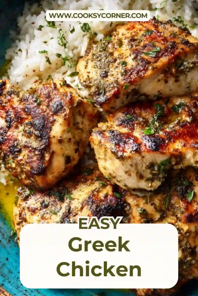 Skillet cooked Greek chicken with lemon garlic marinade and fresh parsley garnish. A flavorful Mediterranean chicken dinner.