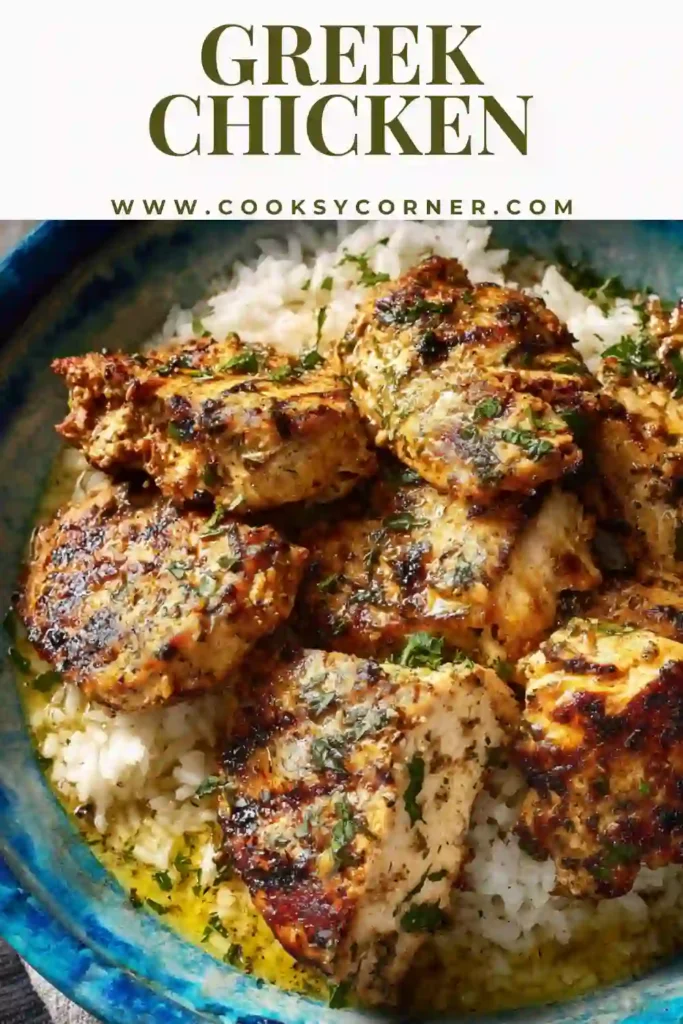 Greek chicken thighs marinated with lemon, garlic, olive oil, and oregano before cooking in a skillet. The chicken is juicy, golden, and garnished with fresh parsley.