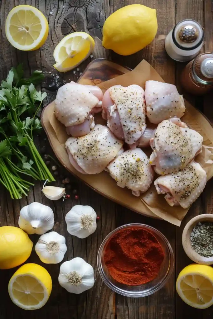 Homemade Greek chicken served with parsley and lemon, showing juicy chicken with golden crispy edges.