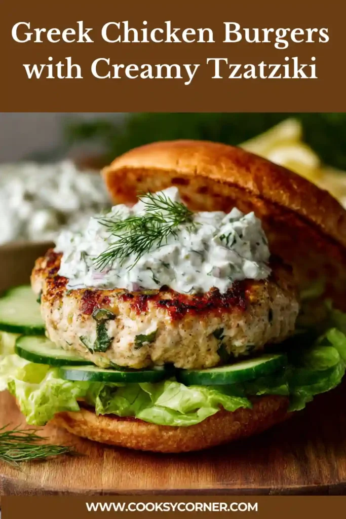 Close-up of a Greek chicken burger topped with creamy tzatziki and fresh herbs. The chicken patty is tender and flavorful with Mediterranean spices.